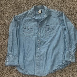 Vintage Wrangler Size XL Pearl Snap Denim Shirt Light Wash Made in USA Mens